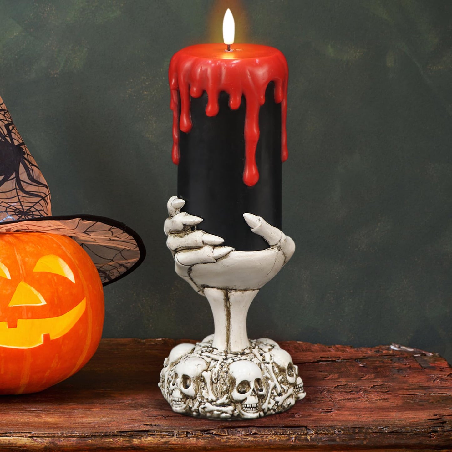 DRomance Black Flameless Flickering Candles with Timer, Blood Dripping Wax Effect Battery Operated LED Pillar Candle with Skeleton Hand Candle Holder Halloween Table Centerpiece Decor(4" x 11"")"