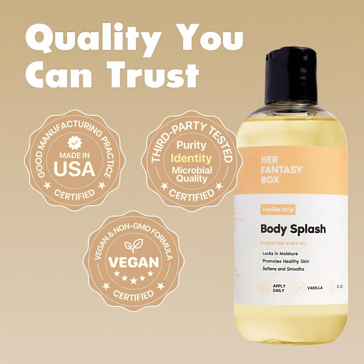 Her Fantasy Box | Body Splash Vanilla Drip Fragrance Oil – Warm Vanilla Sugar Scent with Creamy Cashmere & Sandalwood, Lightweight Hydrating Body Oil, Vegan & Cruelty Free