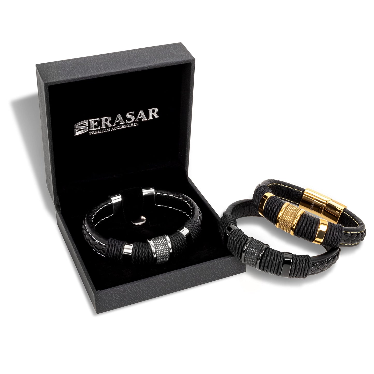 SERASAR Pulseras para hombre 23cm Oro, Caja de regalo, Piel vaca genuina trenzada, Cierre magnetico ajustable, Envoltura multicapa, Joyero, Cuerda hombre, Accesorios joyeria