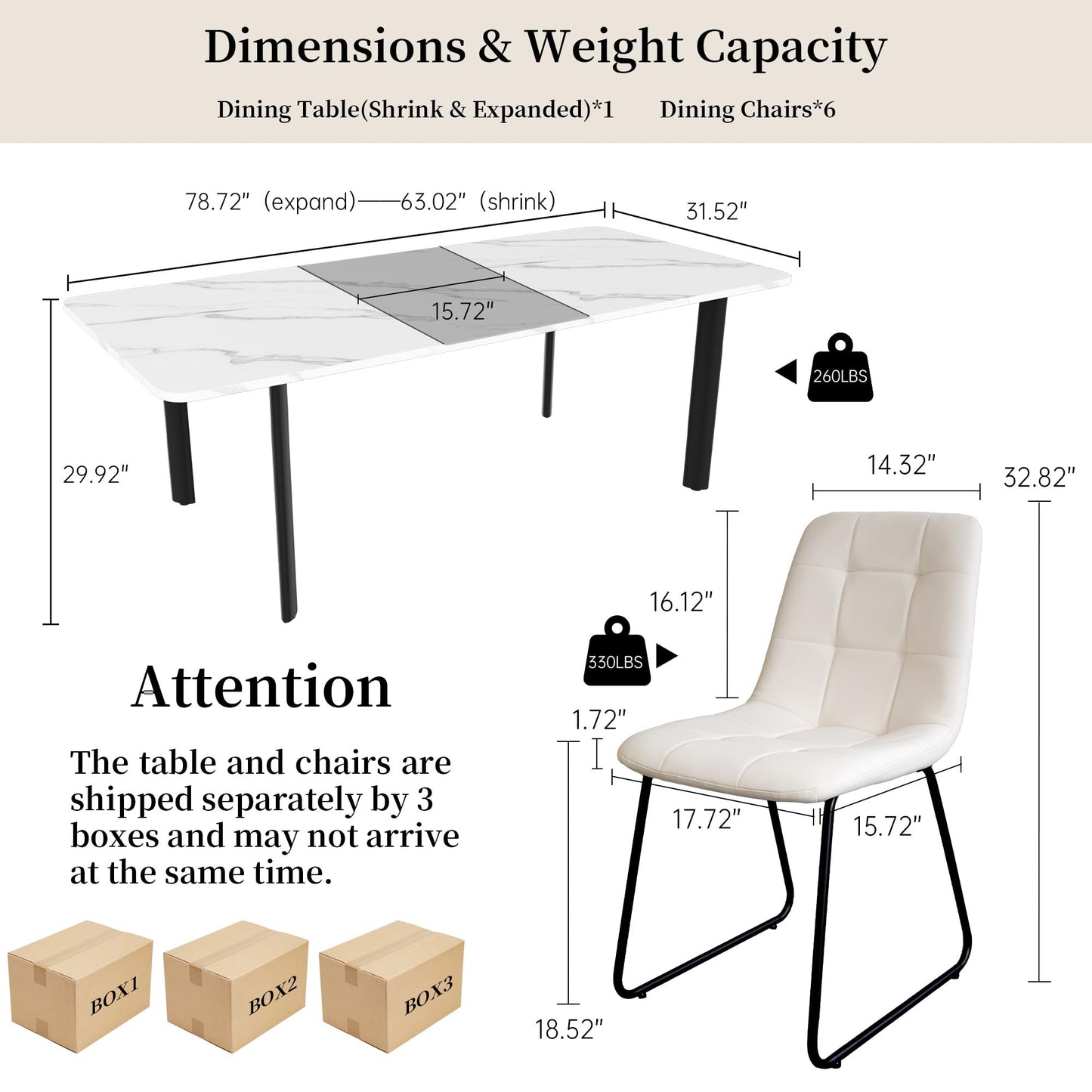 HIPIHOM Extendable Dining Table Set for 6-8 People, 63 to 78.7 Inch MDF Kitchen Table with 6 Upholstered Chairs, Space-Saving for Dining Room, Breakfast Nook(White Table & 6 U-Shaped White Chairs)