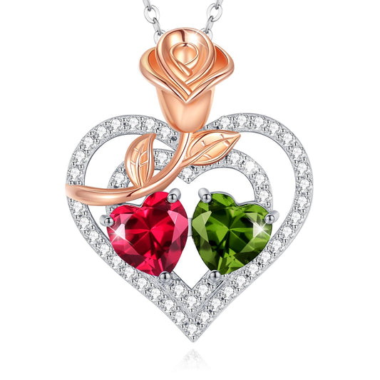 AGVANA July August Birthstone Jewelry Ruby Peridot Necklace Sterling Silver Rose Flower Heart Double Birthstone Pendant Necklace Anniversary Birthday Gifts for Women Mom Wife Lady Her