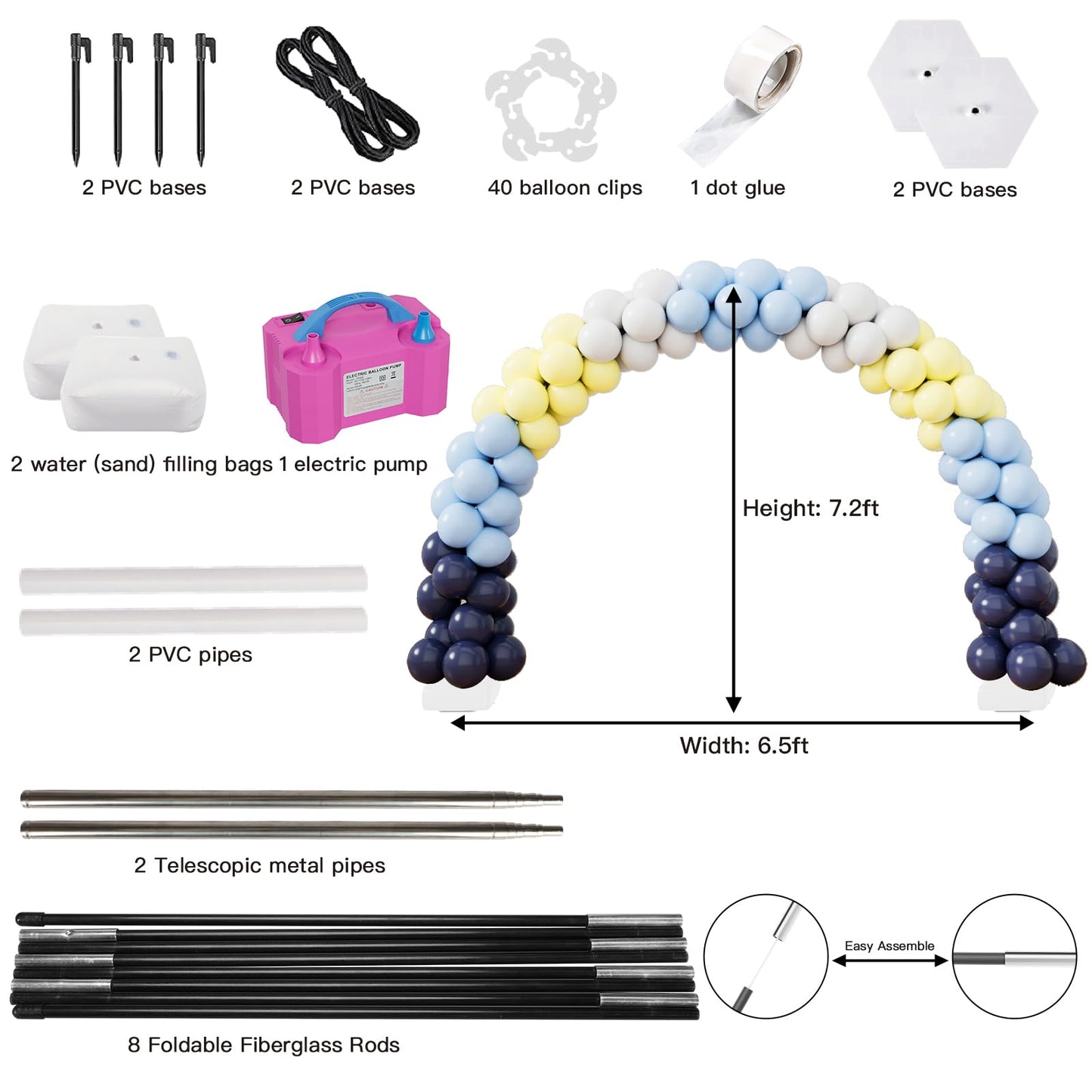 rubfac 7.2ft Adjustable Balloon Arch Kit with Electric Pump, Pink, Round, Arch with Electric Pump, Baby Shower, Wedding, Birthday, Graduation, Unisex Adult