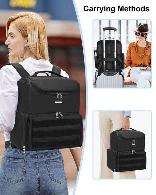 Relavel Makeup Backpack Large Makeup Bag with 3 Clear Set Bags, Dual Layer Professional Cosmetic Organizer Travel Train Case Makeup Artist Kit with Adjustable Dividers & Easy to Clean Lining, Black