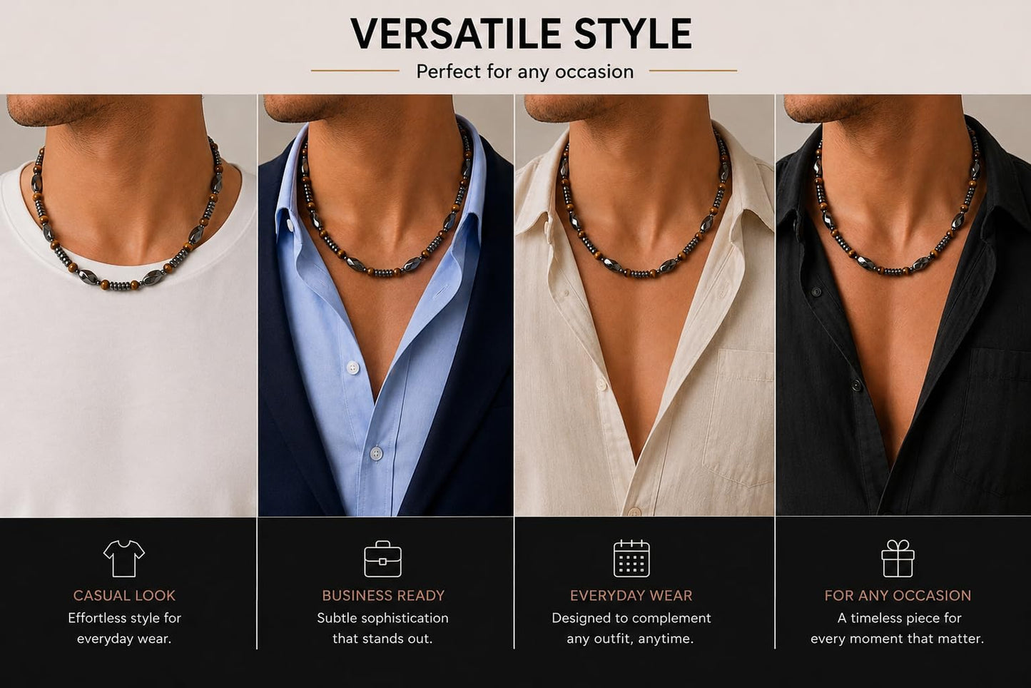 Accents Kingdom Men's Tiger Eye & Hematite Necklace - Natural Stone Beaded Necklace with Magnetic Clasp, Modern Masculine Jewelry for Casual, Business & Golf Wear, 22"