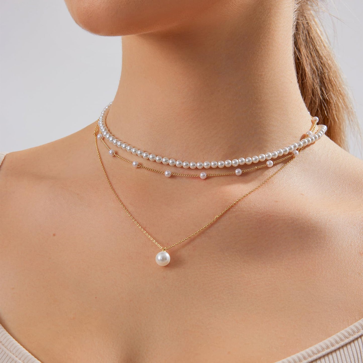 Luxval Layered Gold Pearl Necklaces for Women 14K Gold Plated Dainty Layered Tiny Single Pearl Choker Trendy Cute Gold Necklace Stack Wedding Jewelry Sets for Women Bridesmaid Gifts
