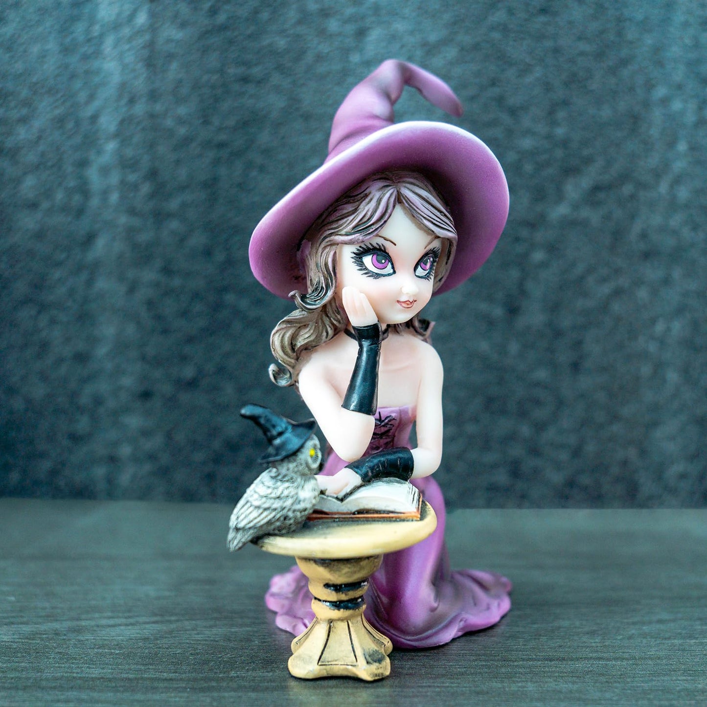 Mystical Purple Witch Resin Statue with Owl & Spell Book - Halloween Witchcraft Decor, Whimsical Gothic Home Accent, Fantasy Collectible Figurine for Desk, Shelf & Office, Unique Wiccan Altar Decor