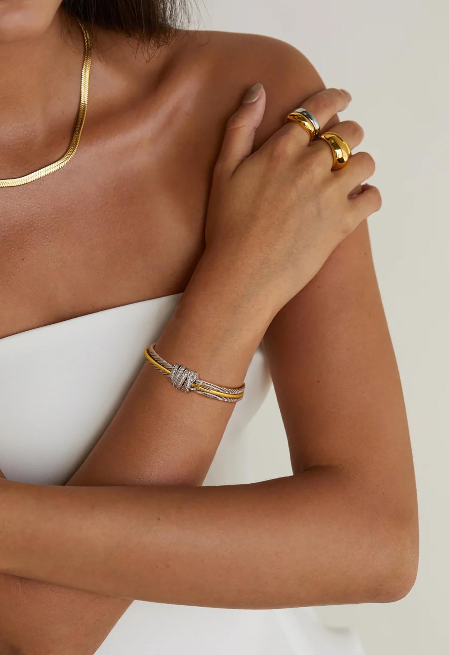LILIE&WHITE Gold Bracelets For women With Cubic Zircon Chic Gold Bangle Statement Bracelet Adjustable Boho Open Wrist Bracelets Fashion Summer Two Tone Bracelet Jewelry