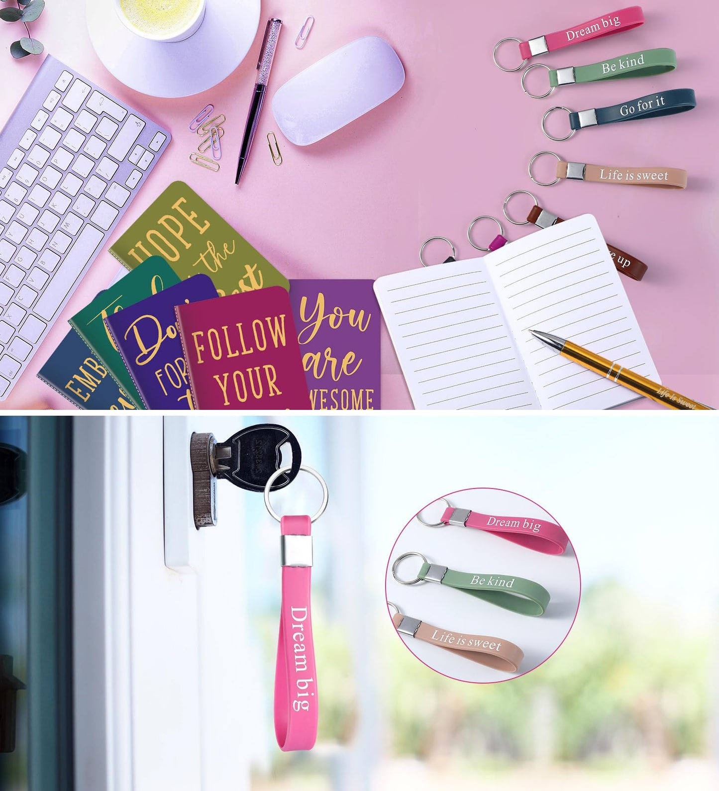 PerKoop 48 Pcs Inspirational Gifts Set Inspirational Quote Notepads 3 x 5 Inch Motivational Ballpoint Pens Keychains Bulk Colorful Journal Notebooks for School Office Party Favor Supplies