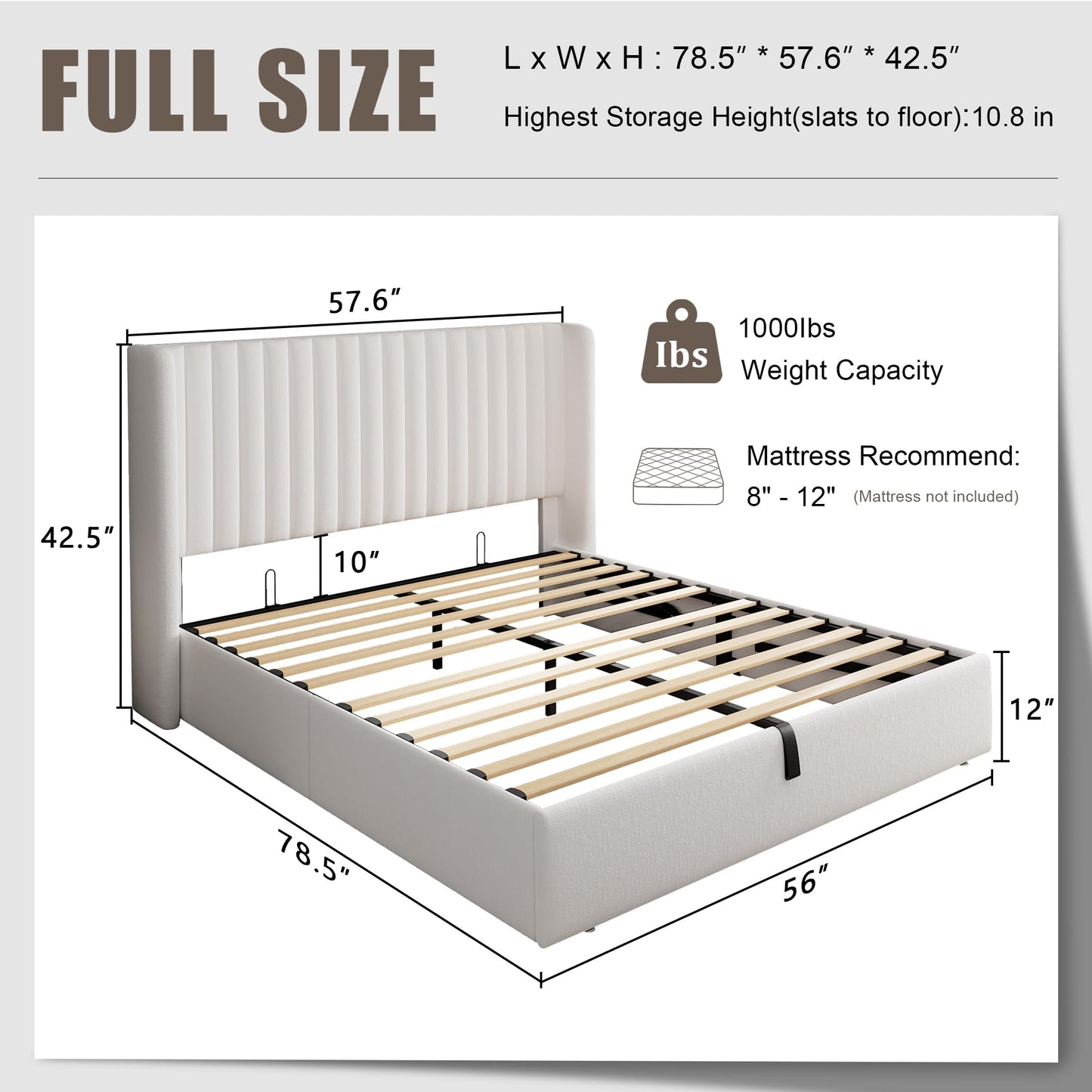 Einhomn Full Size Lift Up Storage Bed with Wingback Headboard, Upholstered Velvet Bed Frame with Heavy Duty Wooden Slat Support, Hydraulic Storage, Noise Free, Easy Assembly, White