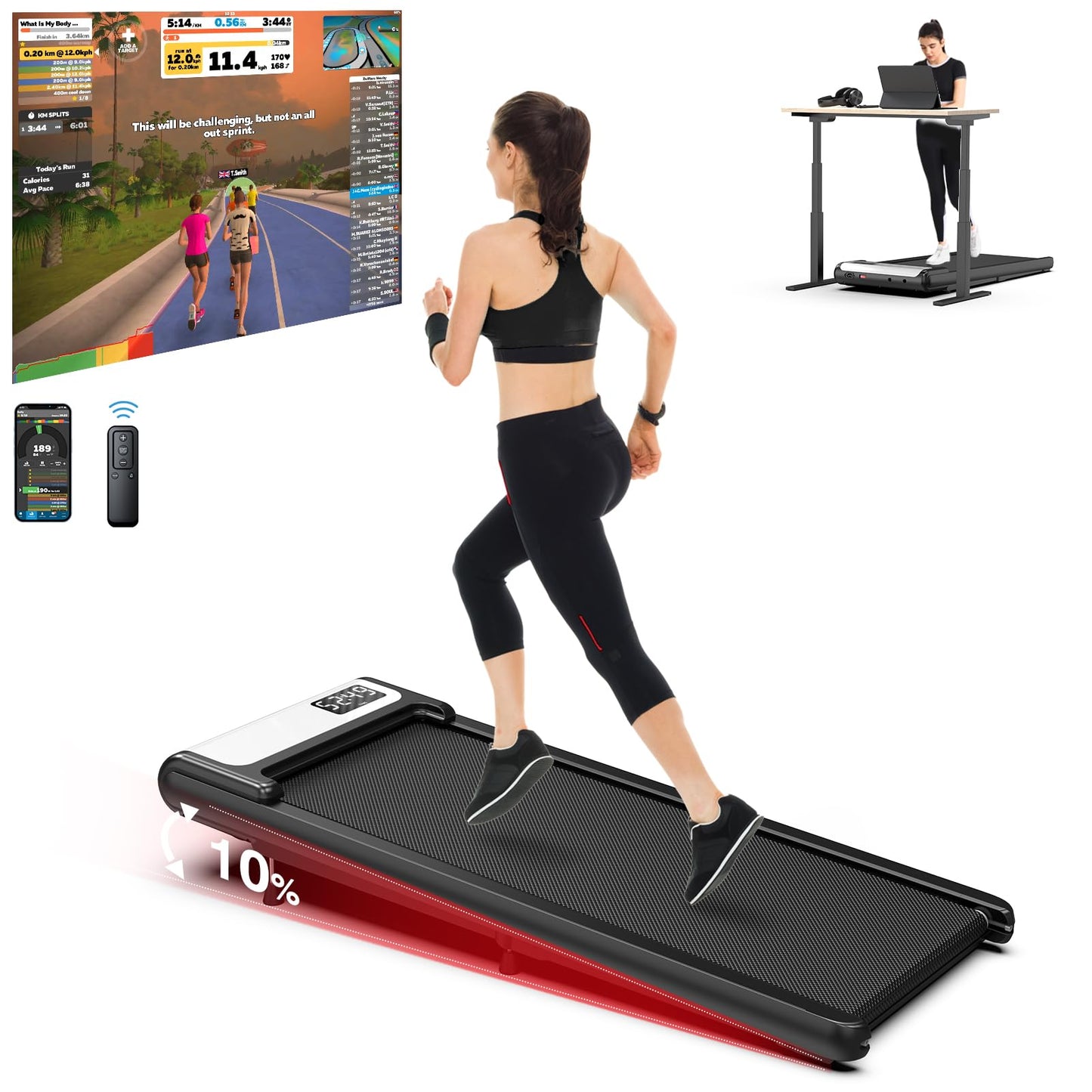 COZYINN Under Desk Walking Pad Treadmill with 10% Incline, Quiet Portable Walking Pad for Home Office Small Space, 265LB Capacity Walking Pads Voice Remote Control Smart Treadmill Works with KINOMAP