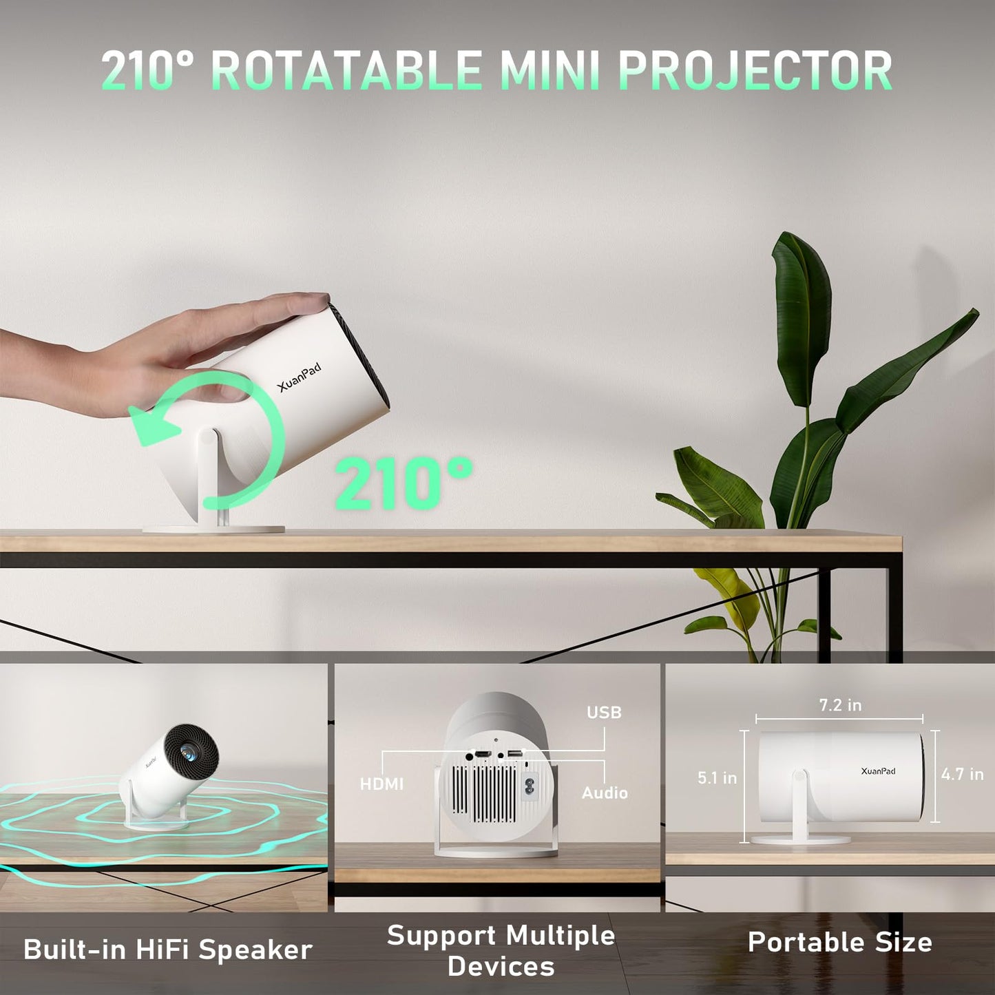 [Officially-Licensed App & Electric Focus]Snow White Smart Mini Projector with WiFi and Bluetooth, XuanPad 4K Support Movie Projector, Portable Native 1080P Outdoor Projector with 360° Stand