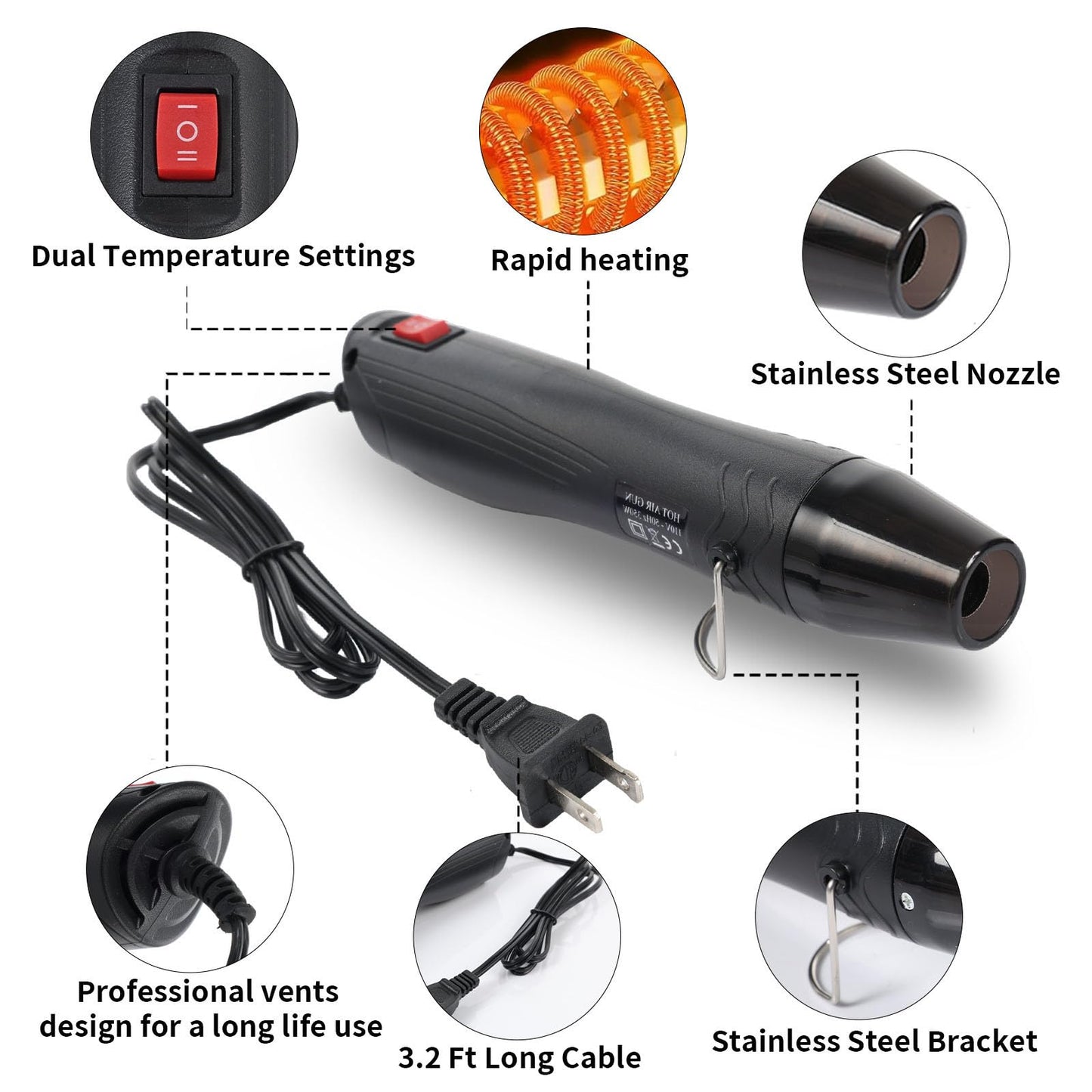 VortecSys Heat Gun for Crafting, 110V 350W Handed Hot Air Gun, 3.28FT Ultra-Long Cable Portable Heat Gun with Stand and Power Cord for Shrinking Wrapping PVC, DIY Embossing and Drying Paint (Black)