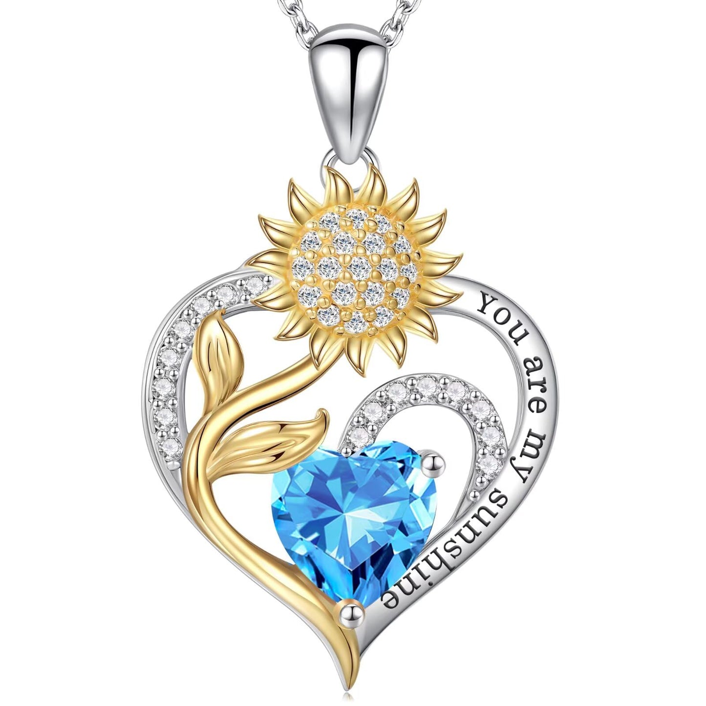 Iefil Sunflower Gifts for Women, Sunflower Necklace, Anniversary Birthday Gifts for Wife, March Simulated Aquamarine Necklace, Jewelry for Women Wife Mom