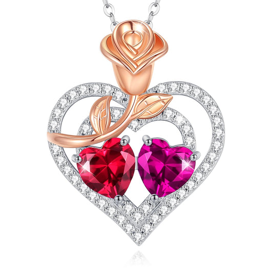AGVANA July October Birthstone Jewelry Ruby Pink Tourmaline Necklace Sterling Silver Rose Flower Heart Double Birthstone Pendant Necklace Anniversary Birthday Gifts for Women Mom Wife Her