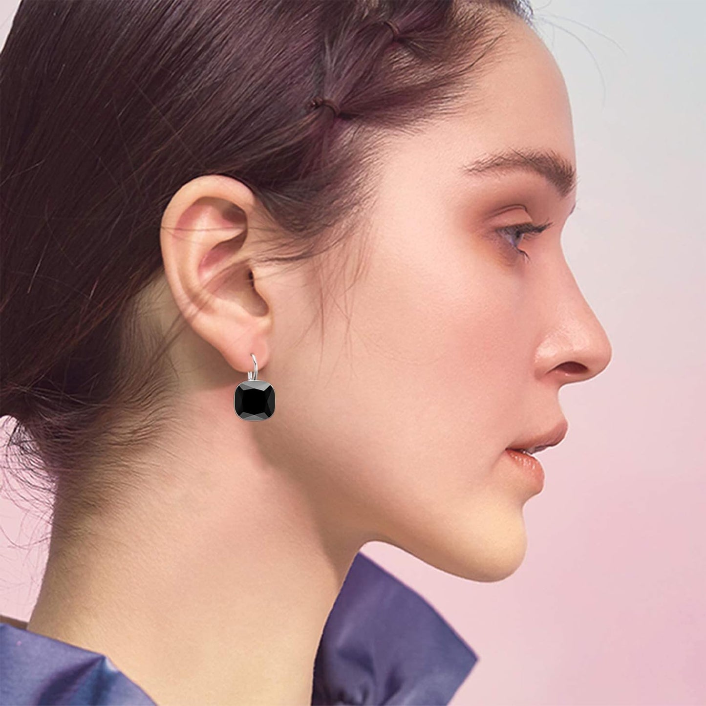 AOBOCO Sterling Silver Leverback Earrings Embellished with Crystals from Austria, Hypoallergenic Cushion Cut Square Crystal Earrings, Fine Anniversary Birthday Jewelry Gifts for Women (Black)