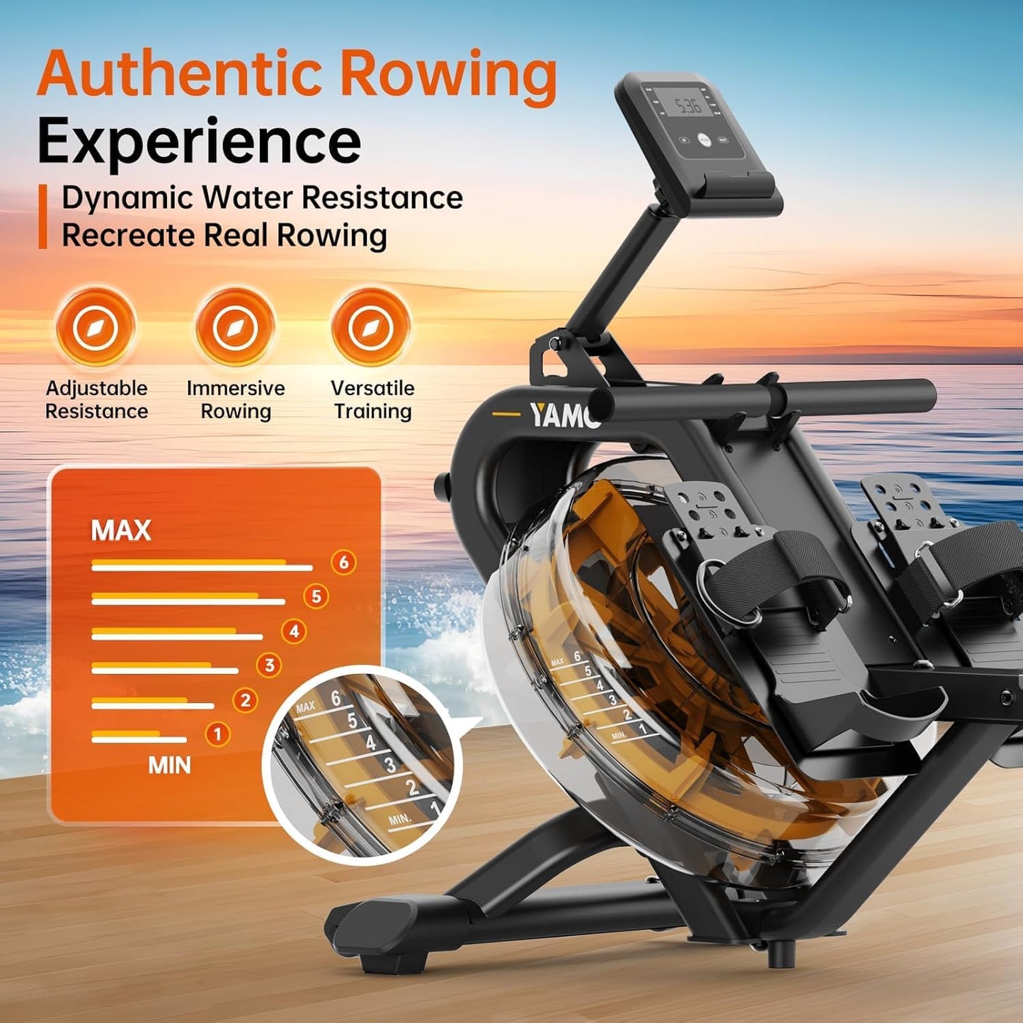 YAMO Rowing Machines for Home, Water Rowing Machine for Immersive Water Rower, Indoor Rowing Machine Large Water Tank & Comfortable Seat, 350lbs Weight Capacity, App Compatible,LCD Monitor
