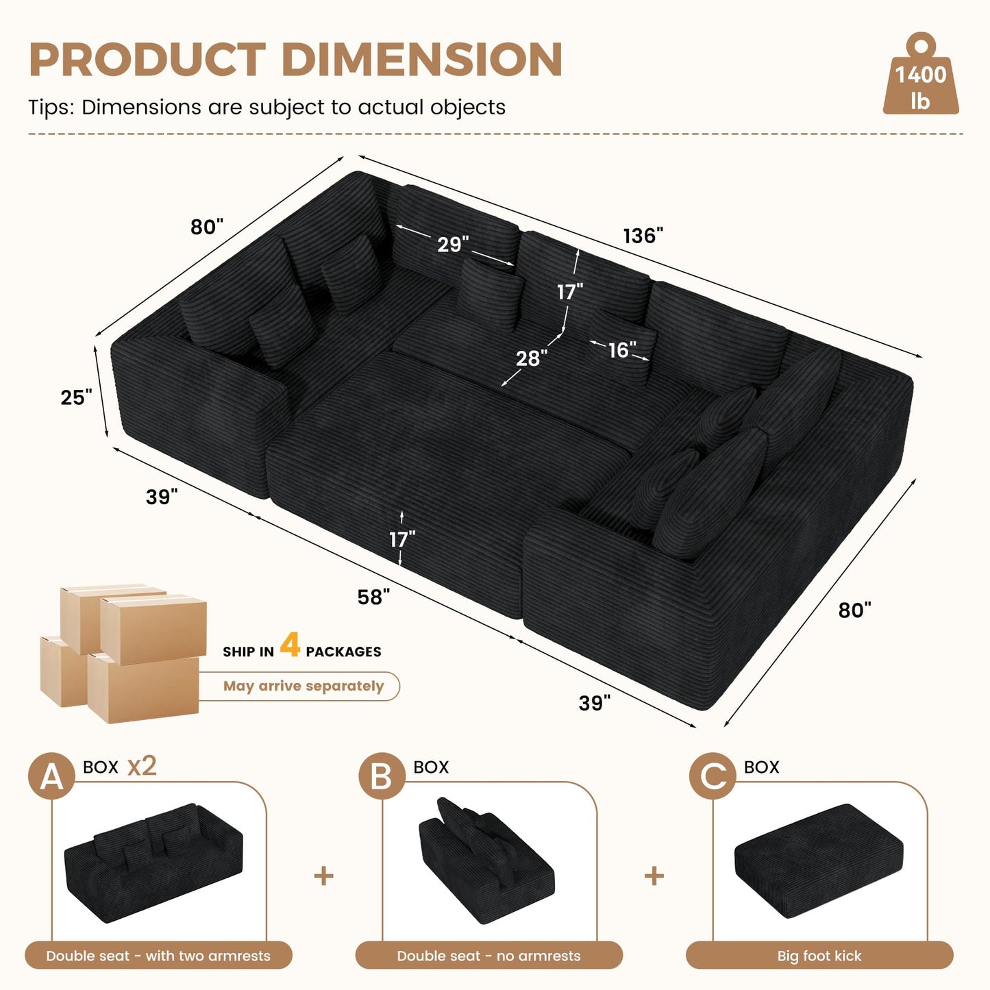 Luxanimarion 136'' Large Sectional Cloud Couches with Chaise, U Shaped Boneless Sofa Bed with Ottoman, No Assembly Required Deep Seat Modular Lounge for Living Room 4PCS Set, Bedroom(Black)