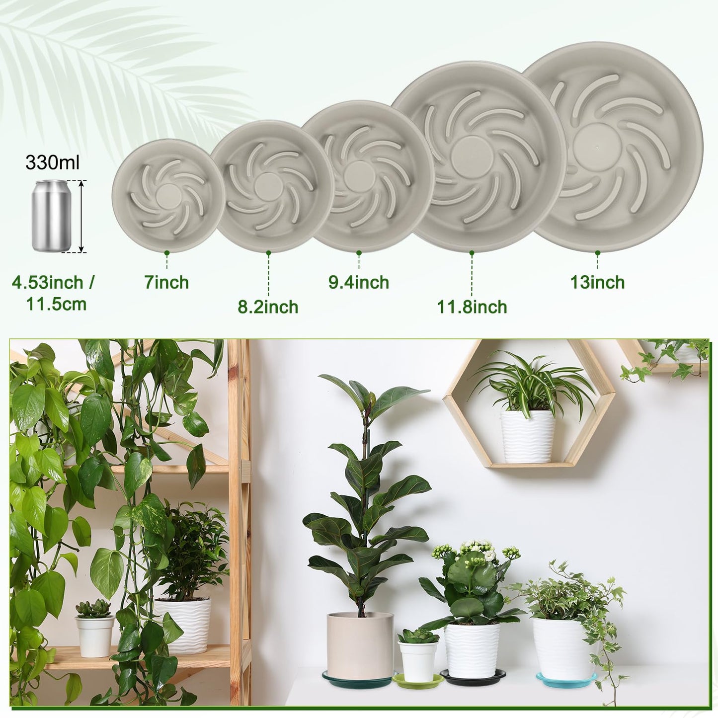 M METERXITY 2-Pack Plant Saucer, 7.3 Inch/ 18.5cm Plastic Plant Trays Thicker for Pots/Indoor/Outdoor/Water Drainage and Protection, Flowerpot Drip Tray [Grayish White]
