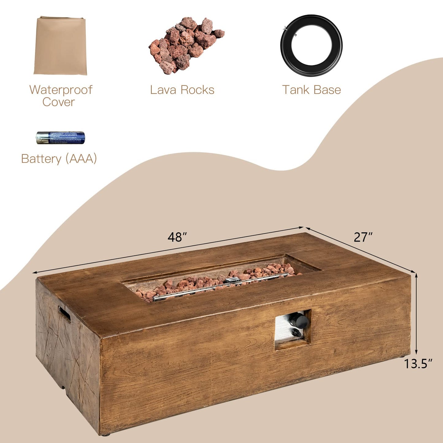 COSTWAY 48 Inch Gas Fire Pit Table, 50,000 BTU Outdoor Propane Firepit with Lava Rocks and Waterproof Cover, Rectangular Fire Table, Brown