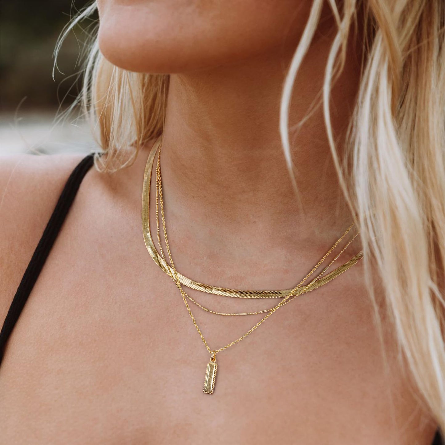 YOIHUR Layered Gold Necklaces for Women,14K Gold Plated Beading Snake Chain Necklace Trendy Layering Rectangular Pendant Twisted Rope Necklace Set Jewelry for Women