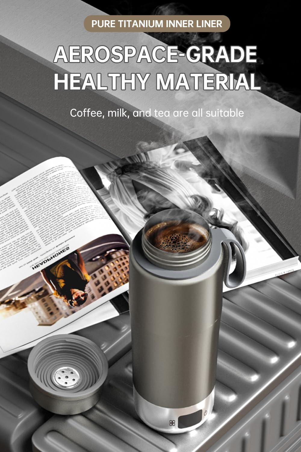 pure titanium electric kettle - portable water heater for travel, double-layer vacuum sealed titanium water bottle to boil and regulate temperature。100V-240V Smart Small Water Boiler for Tea 380ML