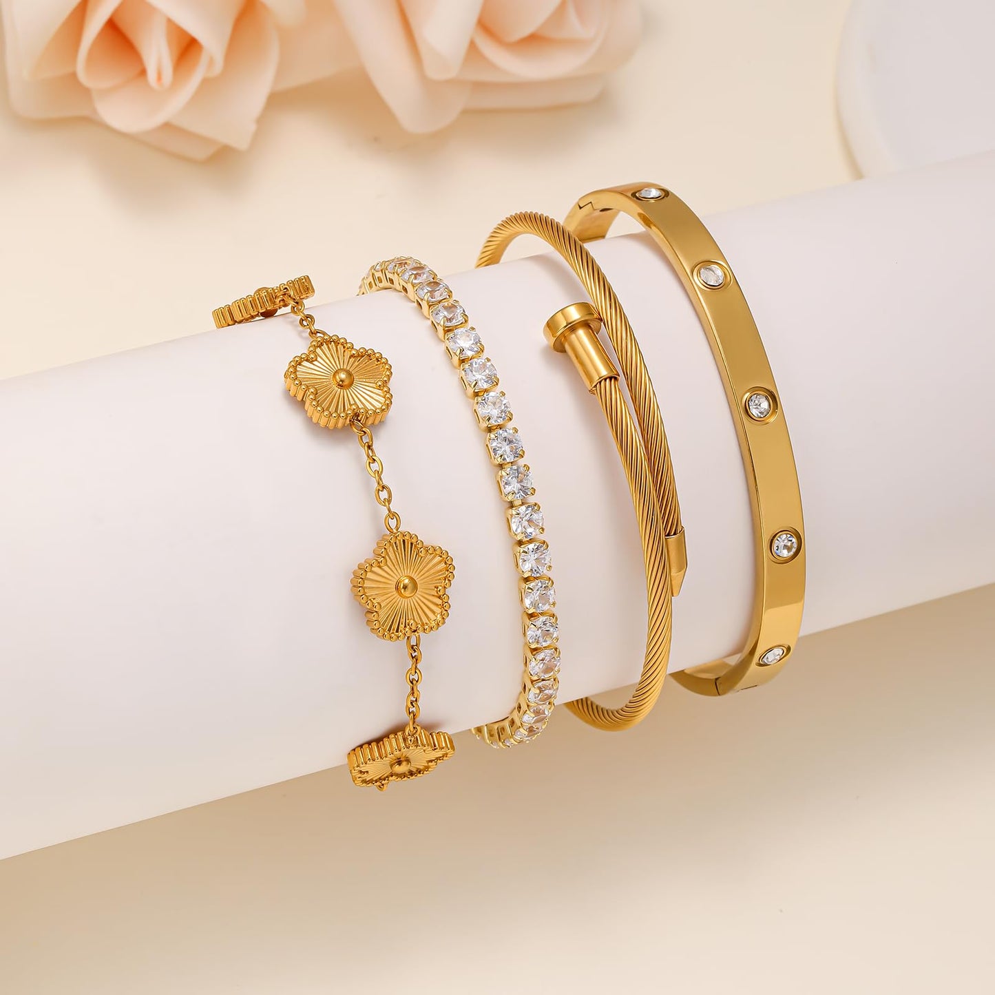 Gold Bracelets for Women, 18K Gold Plated Women Tennis Bracelets Clover Nail Love Bangle Bracelet Set, Gold Bracelet Stackable Set Trendy Jewelry, Gifts for Women's Day and Mother's Day (06-Color-gold)