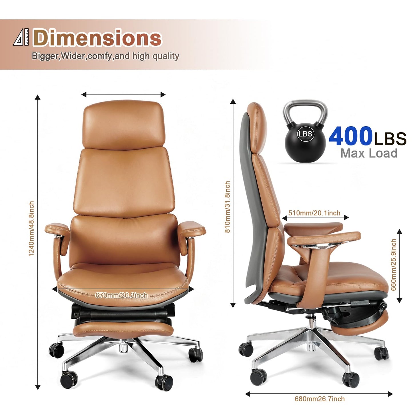 FurniBaron Genuine Leather Office Chair with Flexible Footrest, High Back Executive Office Chair with Lumbar Support, Adjustable Tilt Mechanism, Weight Capacity 400 lbs (Brown)