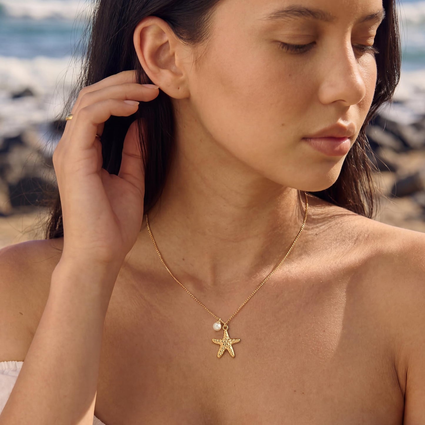 MYEARS Women Gold Necklace Starfish Pendant Pearl Bead 14K Simple Dainty Cuban Chain Everyday Summer Beach Jewelry