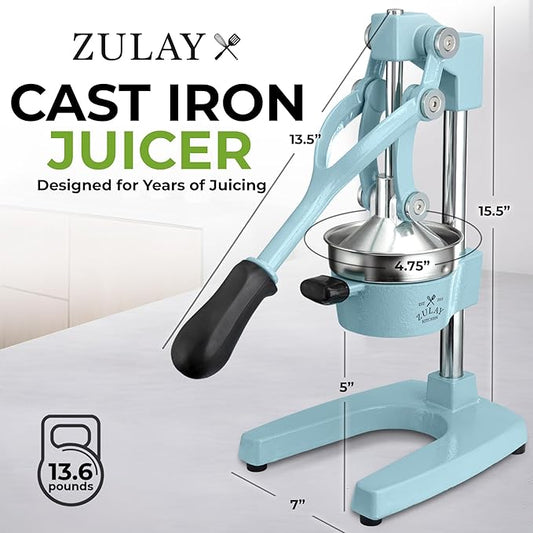 Zulay Kitchen Cast-Iron Orange Juice Squeezer - Heavy-Duty, Easy-to-Clean, Professional Citrus Juicer - Durable Stainless Steel Lemon Squeezer - Sturdy Manual Citrus Press & Orange Squeezer (Blue)