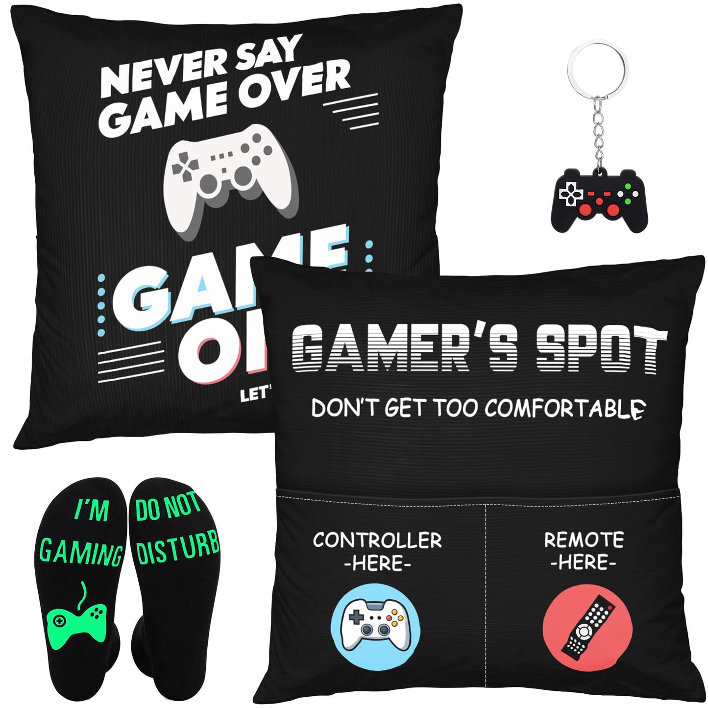 Bebomne Gamer Gifts for Teenage Boys Men, Gaming Accessories for Room, for Gamers, Game Room Decor, Gaming Pillow Case and Gaming Socks for Teen Boys Men Son Husband Boyfriend (black-2pocket 1)