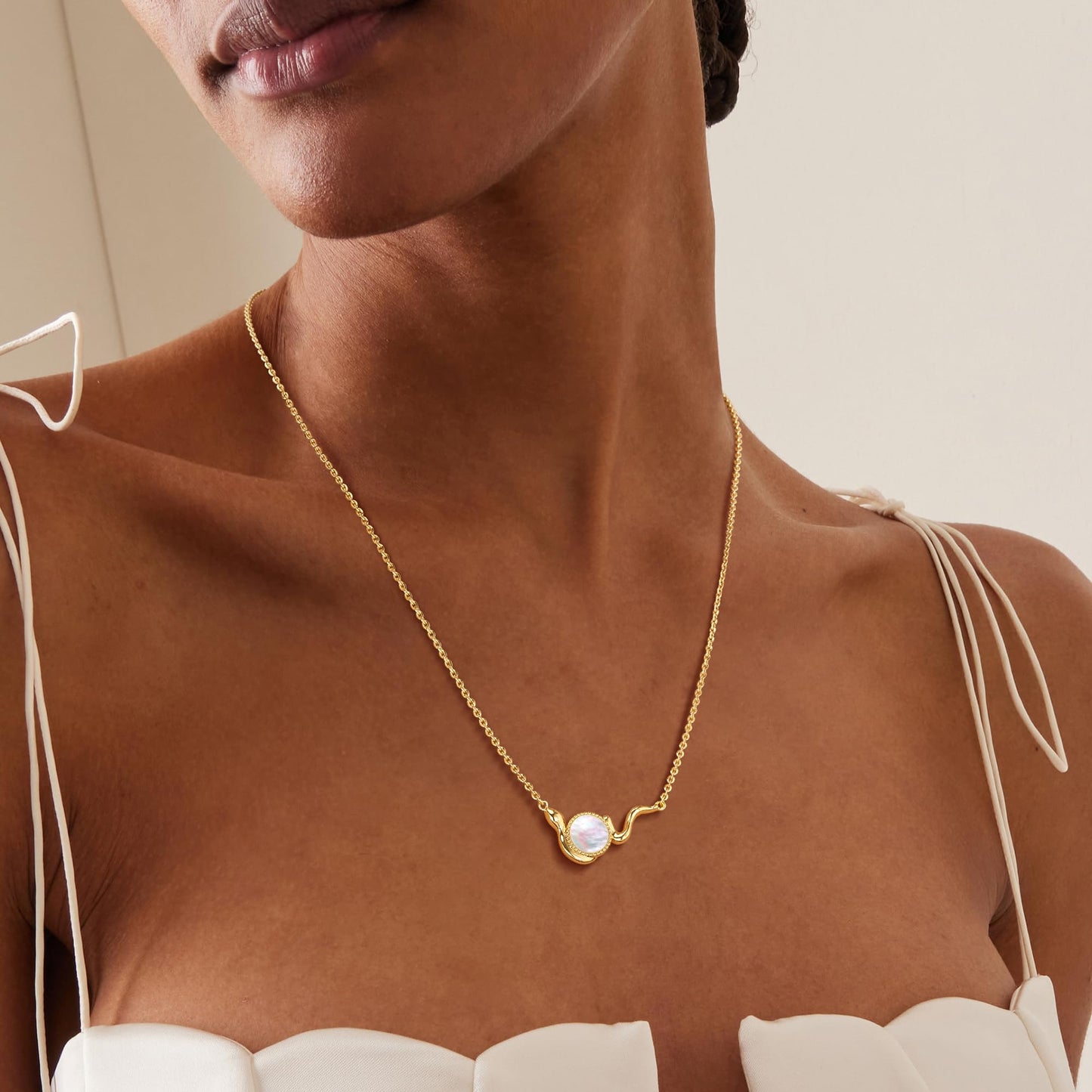 Fettero Dainty MOP Necklaces for Women, 14K Gold Plated Snake Pendant Cute Charm Neclace Delicate Pearl Beach Gold Necklace for Women Jewelry Gift