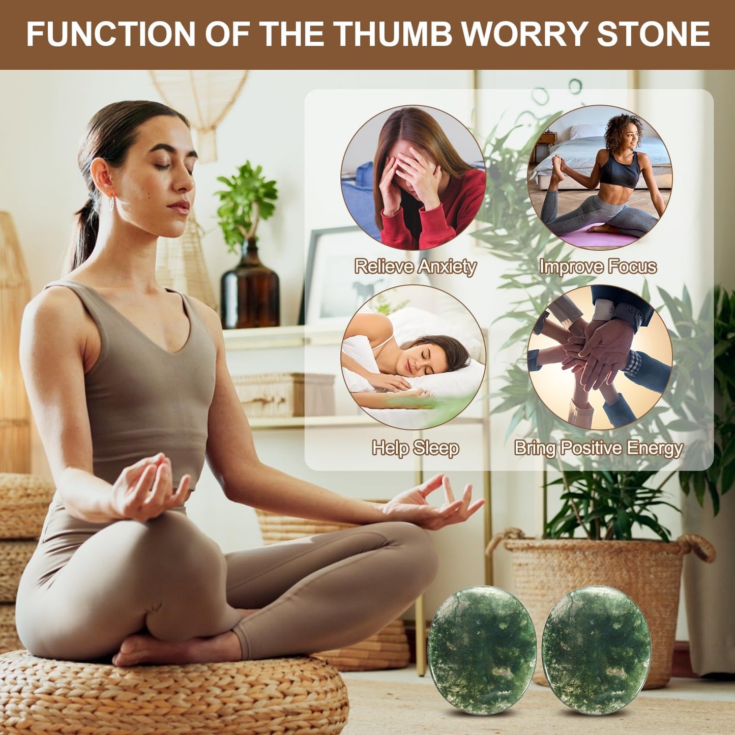 MECCANIXITY 2 Pcs Thumb Worry Stone for Anxiety, Moss Agate Relief Crystals Hand Thumb Stones Pocket Gems Natural Polished for Yoga Meditation Relief