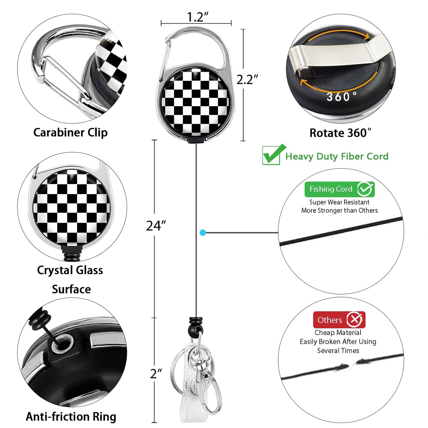 Black and White Checkered Lanyards for Id Badges, Cute Badge Reel Heavy Duty with Carabiner Clip, Fashionable ID Badge Holder with Breakaway Lanyard, Teacher Nurse Office Christmas Gifts