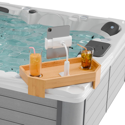 POOLCOMFT Bamboo Hot Tub Tray with Adjustable Phone Holder, Non Slip Hot Tub Table with Card & Scented Candle, Hot Tub Accessories - Unique Gift Idea for Spa Lover, Women, Parents