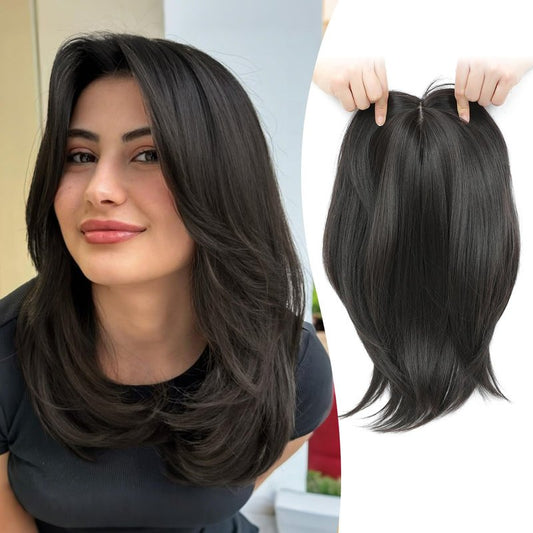 Ms Taj 12 Inch Hair Topper for Women with Thinning Hair, 6.5"x6.5" Large Base Synthetic Topper with Bangs, Fiber Wiglets Ladies Hair Pieces for Daily Wear, Work, Party-Brown Black