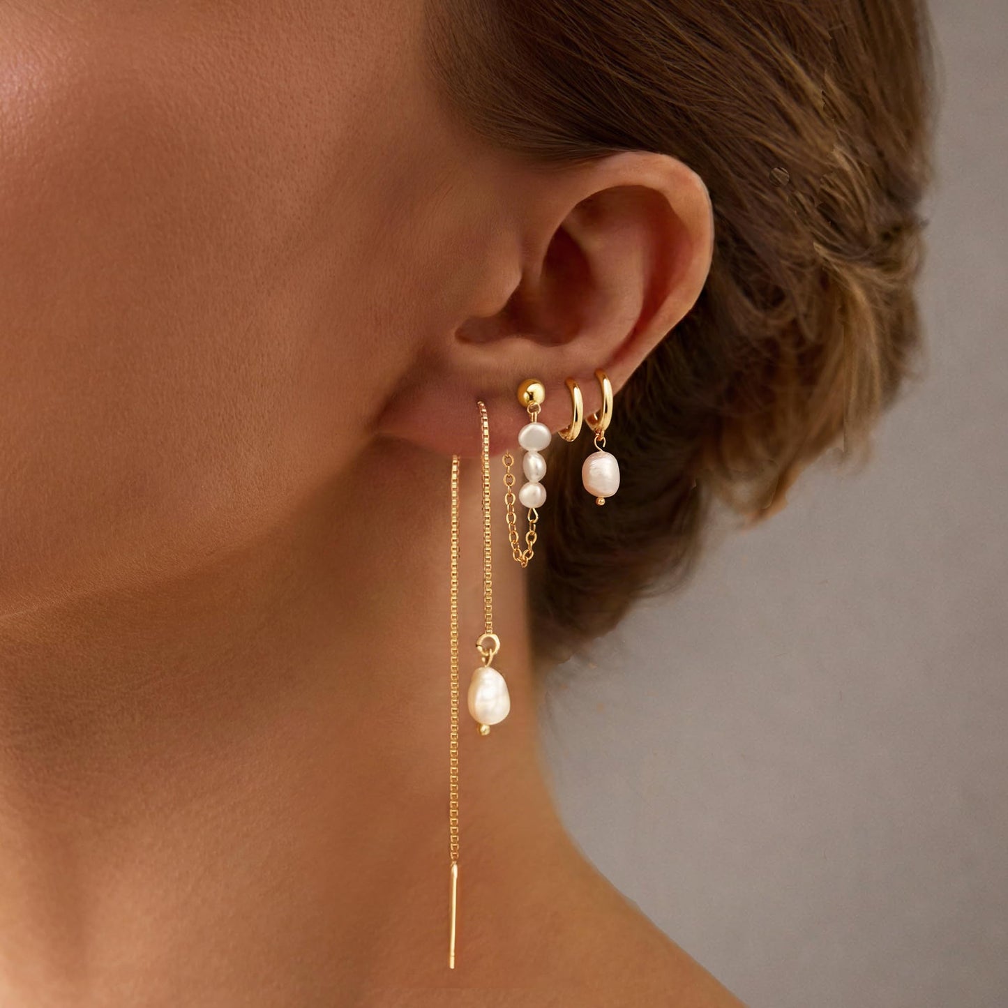Gold Pearl Hoop Earrings for Women Non Tarnish – 14K Gold Plated Hypoallergenic Huggie Dangle Drop Earrings Set for Multiple Piercings & Cartilage, Trendy Jewelry Gift
