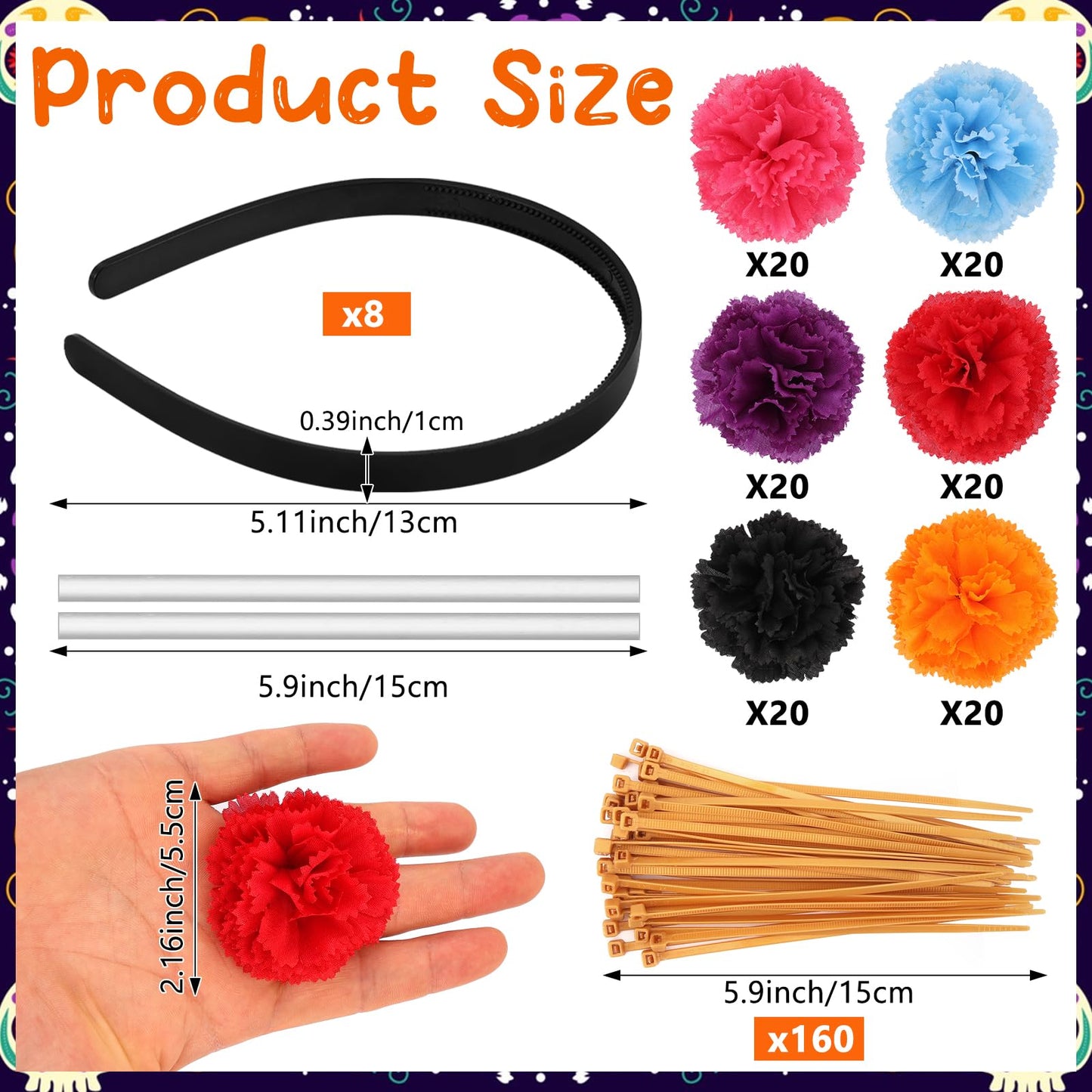 HFYZZ 290 Pcs Day of the Dead Floral Headpiece DIY Mexican Flower Halo Crown Headband for Women Halloween Cosplay Hair Accessories