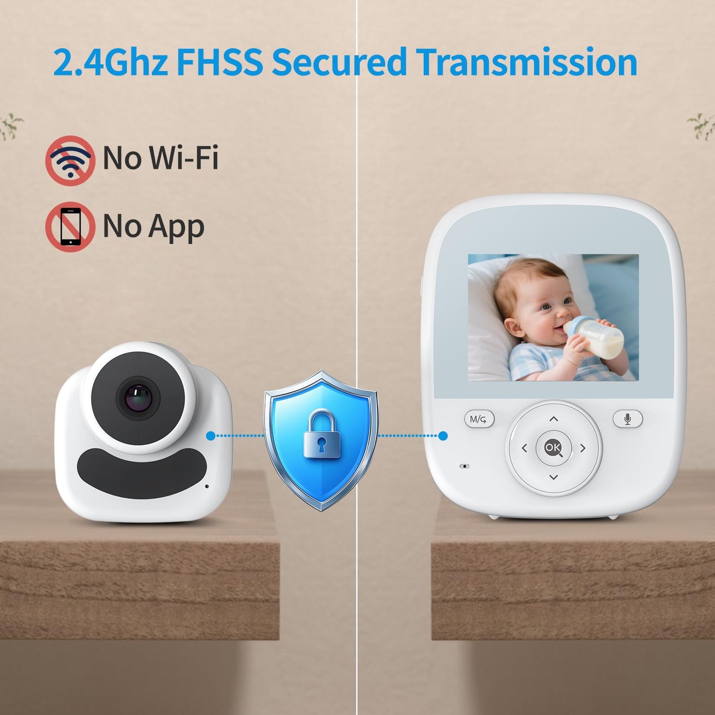 VIZOLINK Baby Monitor with Camera and Audio, 2.8" Video Baby Monitor with Secure Transmission No WiFi, Night Vision, Temperature Sensor, Two-Way Talk, Al Off-Lens Detection, Feeding Reminder