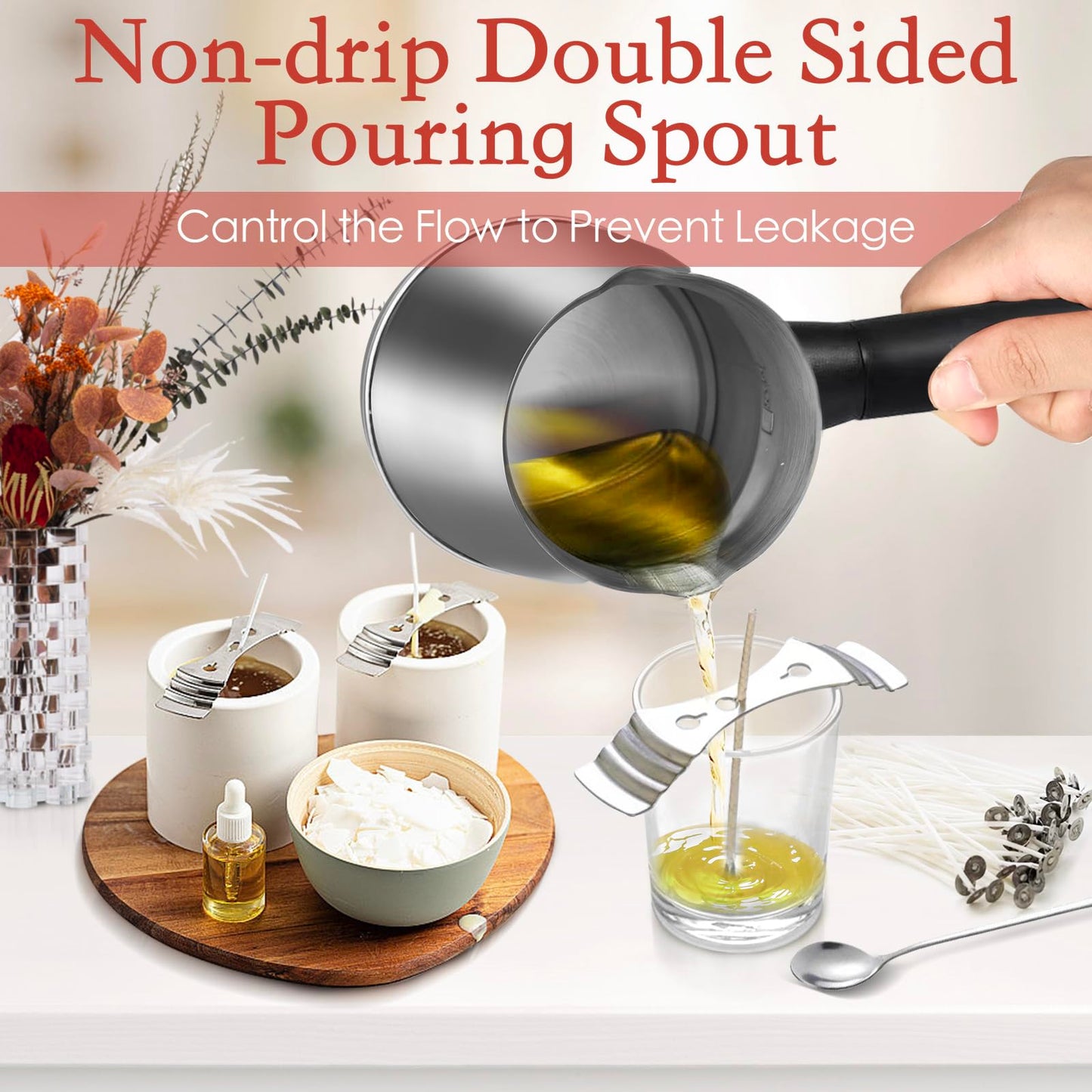 TOKPELA Wax Melter for Candle Making, Stainless Steel Electric Candle Wax Melter, Double Pouring Spout Candle Wax Melting Pot with 51IN Cord and Hot Plate, Candle Making Pot Kit for Beginners
