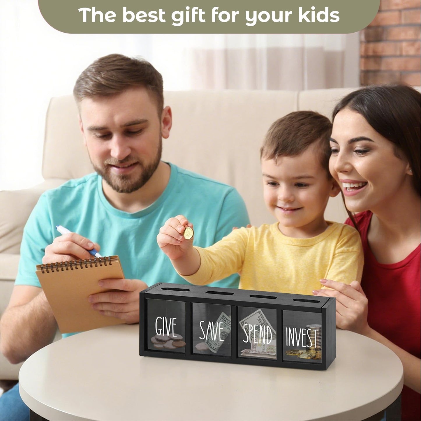 Wooden Give Save Spend Invest Money Saving Box for Kids, Countertop Kid Piggy Bank for Daily Cash, Wall-Mount Kids Banks for Bills and Coins, Visualized Piggy Bank for Living Room, Laundry Room
