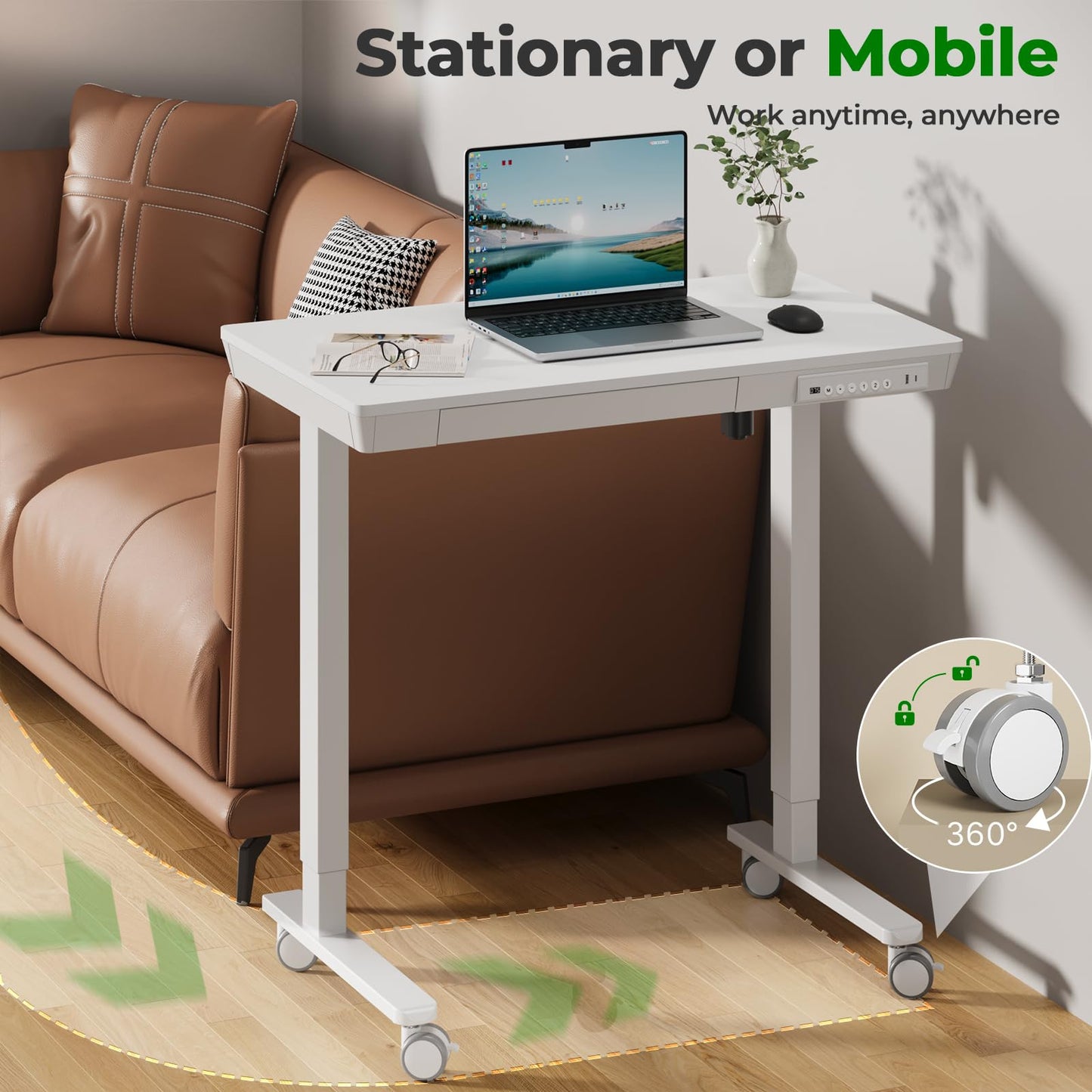 JYLH JOYSEEKER Small Standing Desk with Drawer, 35" x 20" Whole Piece Tabletop Electric Sit Stand Desk, Height Adjustable Desk with Storage & USB Ports, Quick Install Home Office Computer Desk, White