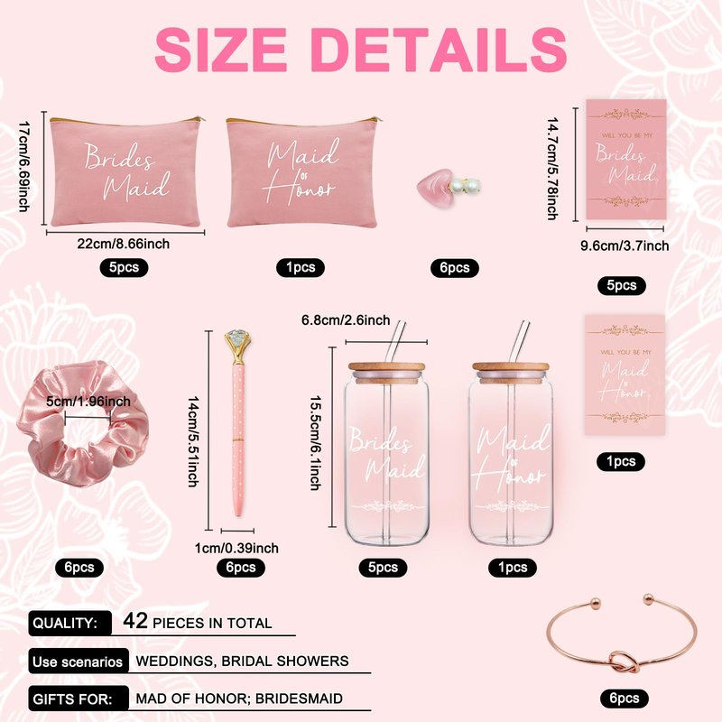 KIKINIKO Bridesmaid Gifts Set of 6 Pink, Total 42 pcs, Bridesmaid Proposal Gifts Contain 16oz Glass Cups Cosmetic Makeup Bags Invited Cards Scrunchies Hair Knotted Bracelets Diamond Pens love clip