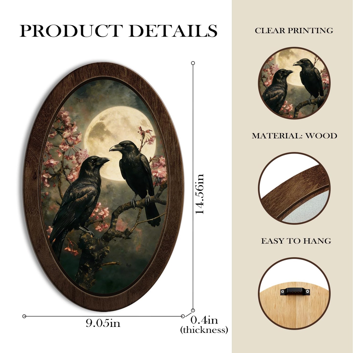 YZSLA Gothic Moody Black Crow Full Moon Framed Wall Art Decor, Dark Academia Witchy Full Moon Raven Floral Oval Wall Art Hanging Decorations for Home Bedroom Living Room, 14.56x9.05 Inch