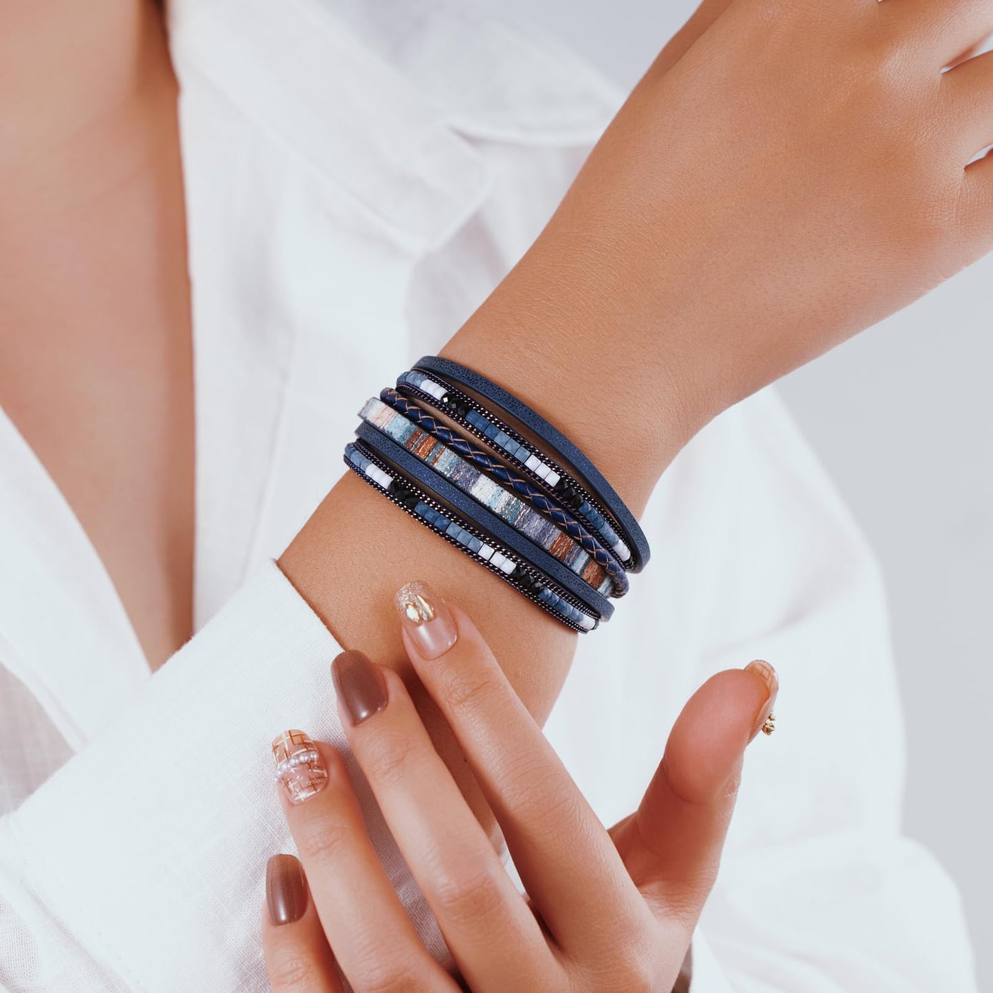 Becklynn Boho Leather Wrap Bracelets Beaded Crystal Stackable Cuff Bracelet with Magnetic Clasp Cowboy Cowgirl County Concert Outfits Western Jewelry Gifts for Women(Double Layer Navy)