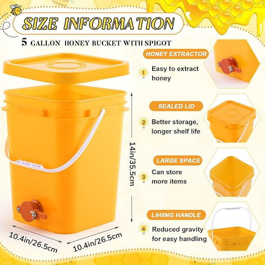 Threehoney 5 Gallon Honey Bucket with Spigot and Stainless Steel Filters Set Honey Extractor Equipment Food-Grade Bucket with Spigot for Bee Keeping Supplies Extracting Storage(Yellow,5 Gallon)