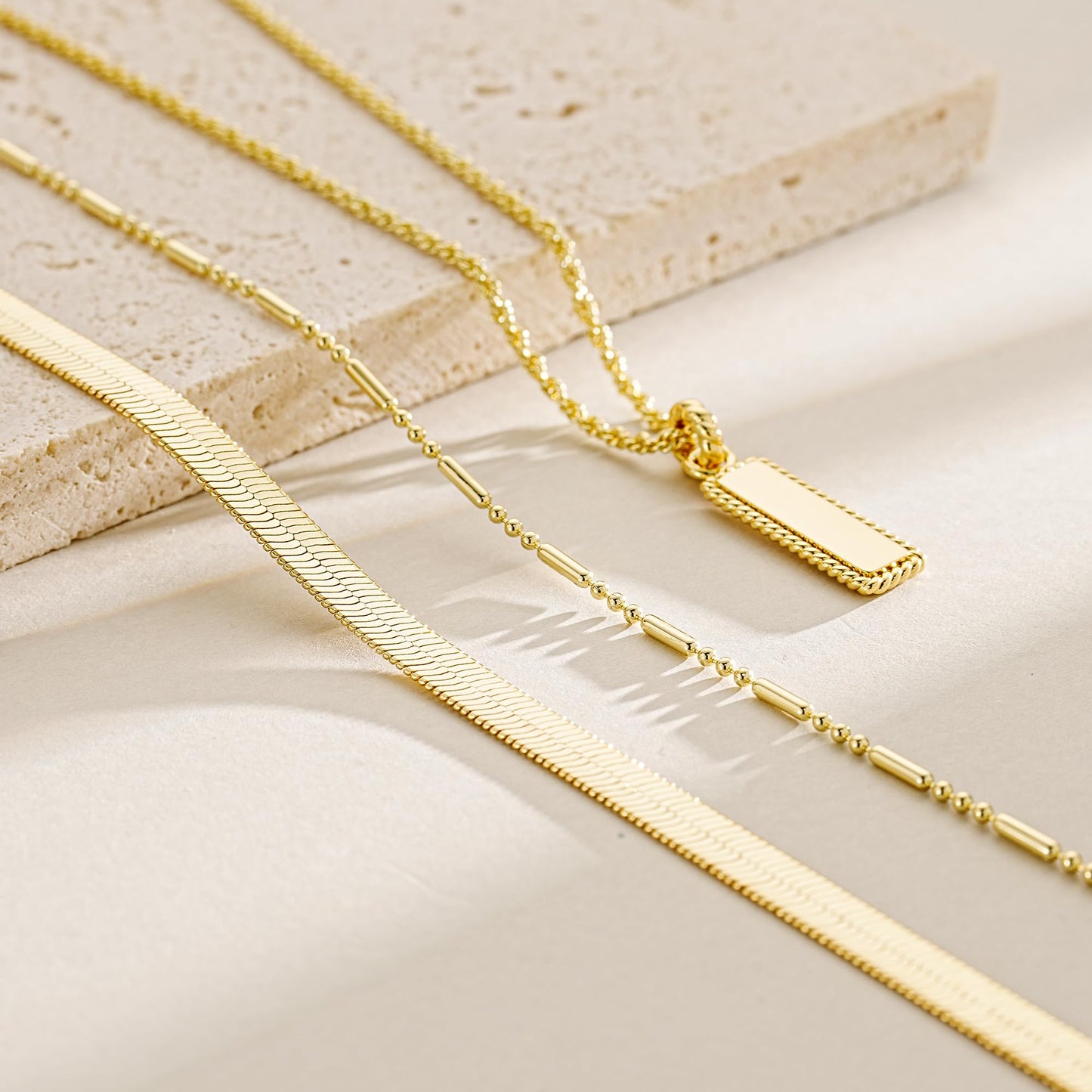YOIHUR Layered Gold Necklaces for Women,14K Gold Plated Beading Snake Chain Necklace Trendy Layering Rectangular Pendant Twisted Rope Necklace Set Jewelry for Women