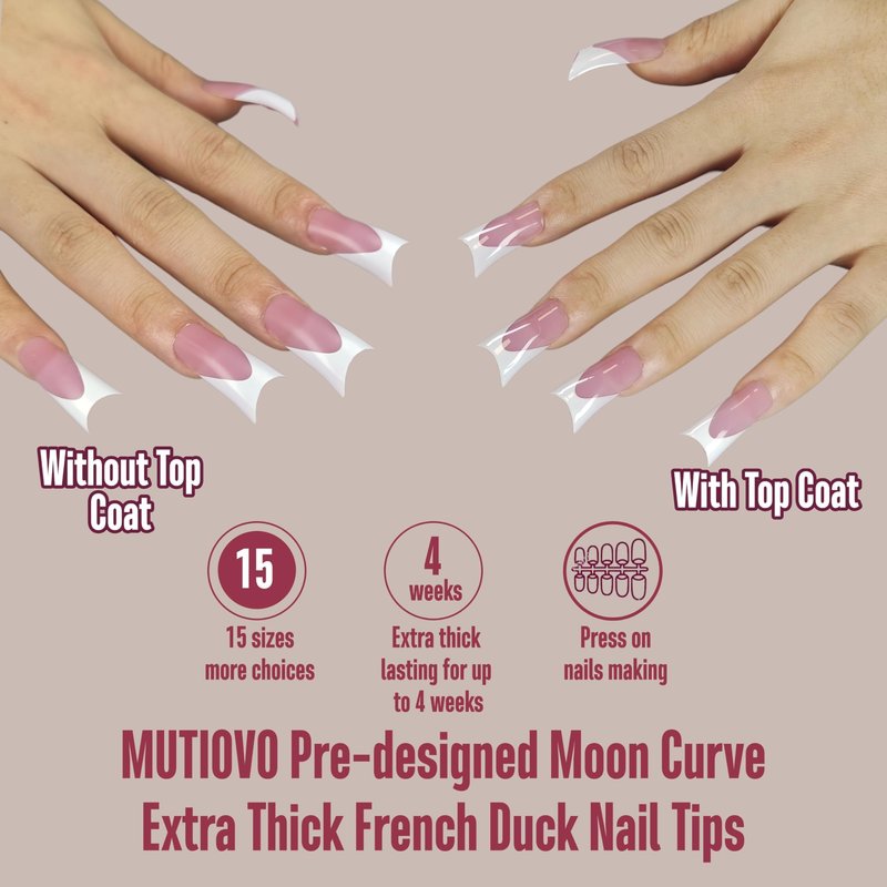 MUTIOVO White French Tip Duck Feet Nail Tips Full Cover for Press on Acrylic with Moon Curve, BERRY PINK Extra Thick Medim Long, Flare Wide Soft Gel Fake False Nail Extension x 15 Sizes 150 pcs