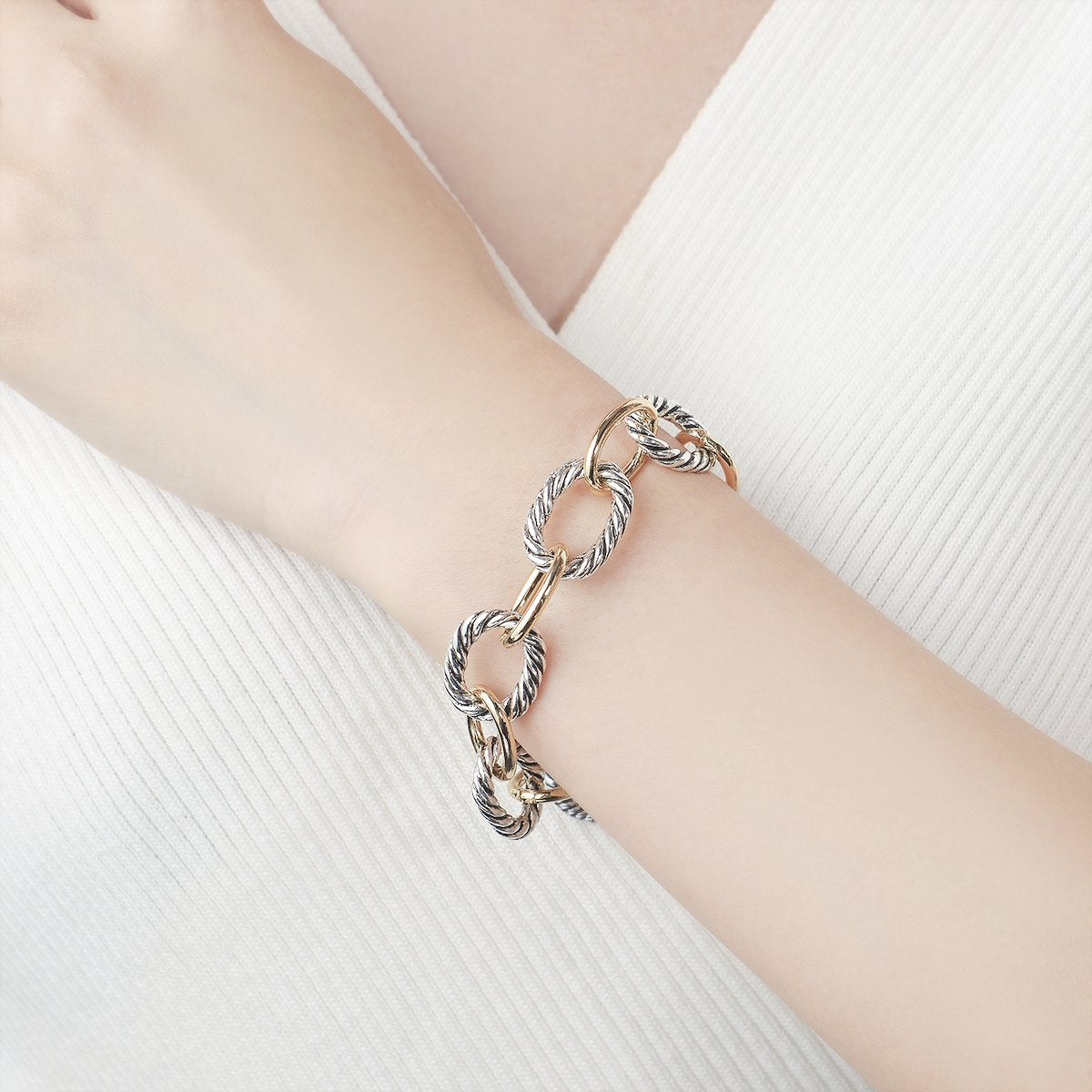 UNY JEWEL Twisted Cable Wire Link Chain Bracelet Two Tone Designer Brand Inspired Women Jewelry Valentine (Silver)