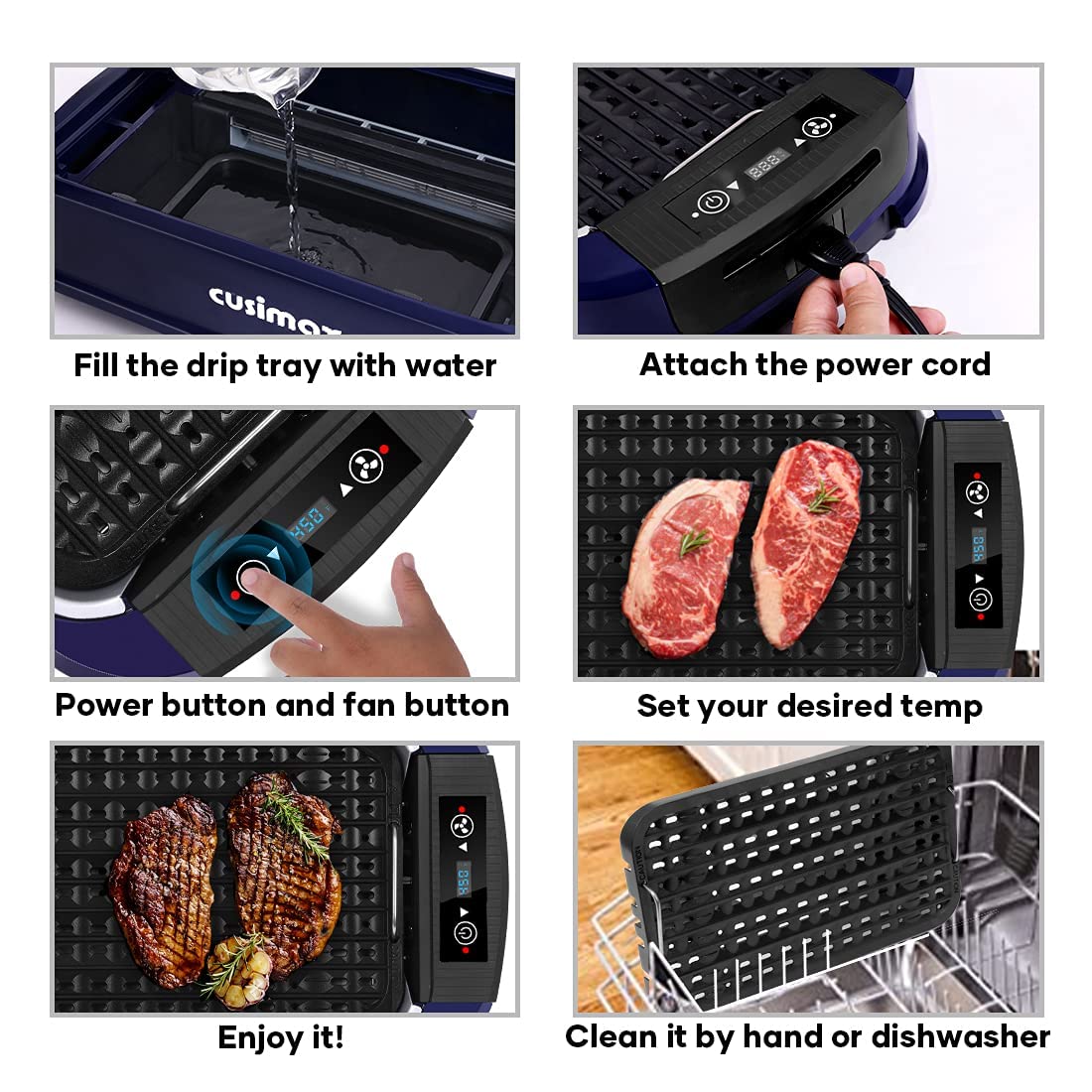 Electric Indoor Grill Griddle, CUSIMAX Smokeless Grill, Portable Korean BBQ with Turbo Smoke Extractor Technology, Non-stick Removable Plate & Griddle Plates