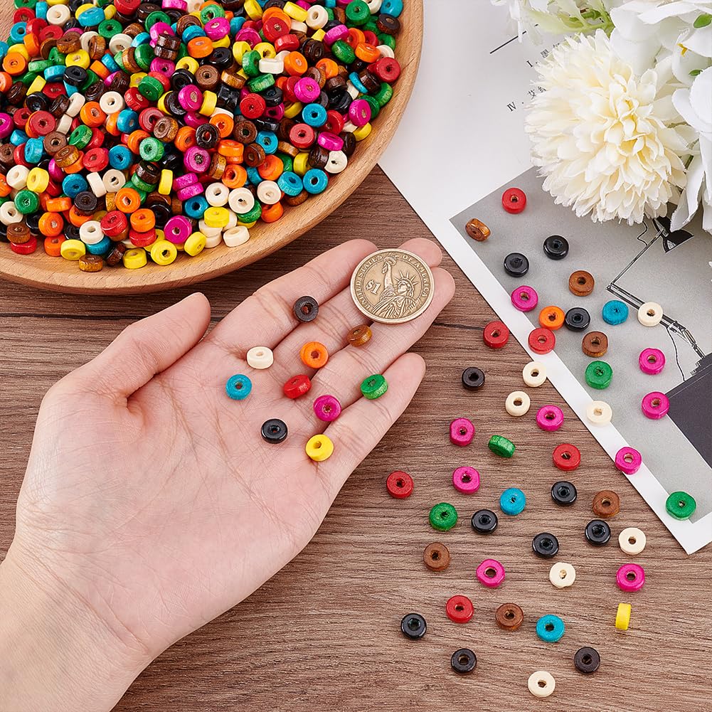 PH PandaHall 2000pcs 10 Colors Wood Beads, 8x3mm Wooden Beads Flat Loose Spacer Bead Rondelle Colorful Wooden Bead with 2.5mm Hole for Bracelets Necklaces Keychains Jewelry Making DIY Crafting